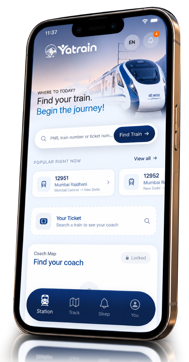 Yatrain app screen showing a live train journey with next-stop arrival time and alerts